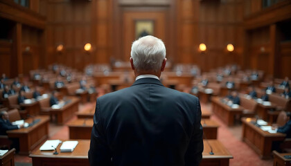 Fototapeta premium Senior politician addresses lawmakers in a grand parliamentary chamber with authority.