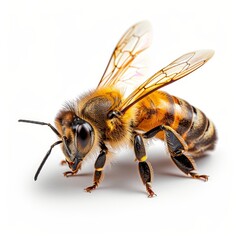 Solitary honey bee walking on a clean white background   a study of nature s pollinators
