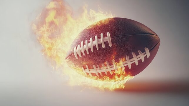 american footbal lball with bright flame flying on white background