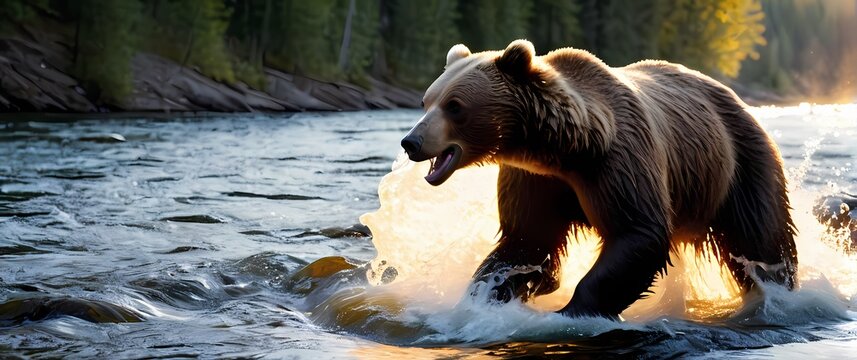 A stunning closeup of a bear in action gracefully catching fish as they leap from a bubbling river highlighting the wild power of nature