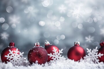 Fototapeta premium A group of red heart-shaped baubles are placed on top of a snowy ground, creating a festive and cheerful scene perfect for Christmas decorations.