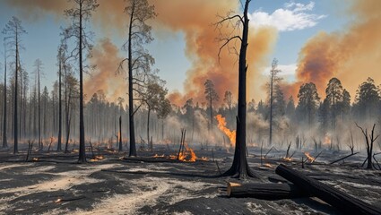 Forest fire consumes trees in a burned landscape under blue skies