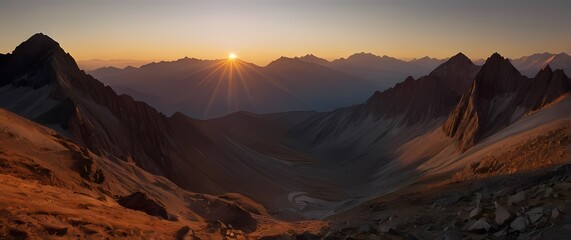 Naklejka premium A striking view of a rugged mountain landscape during sunrise where the golden light kisses the peaks and brings warmth to the cold stone