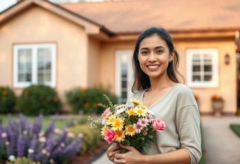 Fototapeta premium Happy female standing in front of a private house