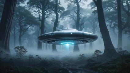Mysterious craft hovers over a foggy forest at dawn