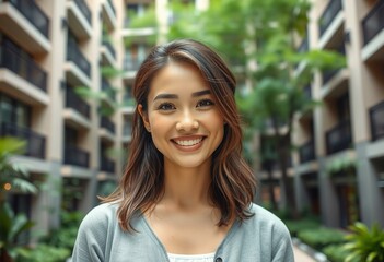 Happy female portrait with a residential apartment building background
