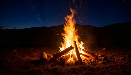 Campfire glow illuminating logs against a starry night sky, Campfire in the Dark, Earth Hour