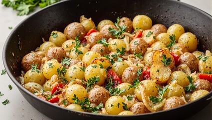 Delicious golden skillet potatoes with onions bell peppers and parsley sizzling in a cast iron pan Perfect for food blogs and recipes