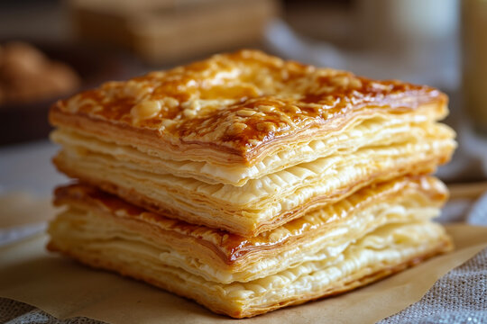 A stack of puff pastry sitting on top of a piece of paper