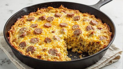 Delicious breakfast casserole with eggs sausage cheese and potatoes fresh out of the oven in a rustic cast iron skillet