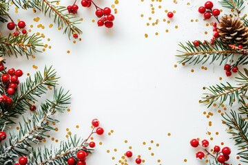 Festive Christmas arrangement featuring a tree on a white wooden backdrop for a flat lay top view copy space image