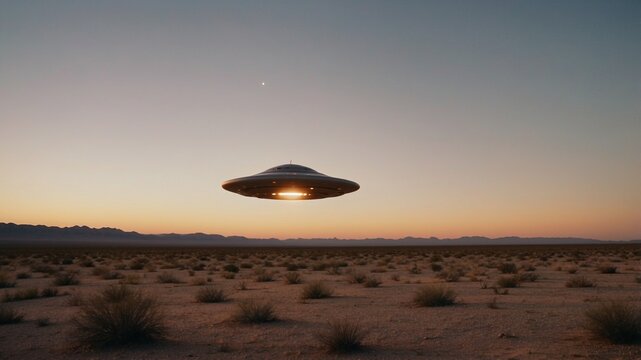 Mysterious UFO hovers over desert landscape during sunset