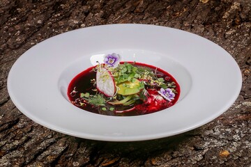 Beetroot Soup with Edible Flowers