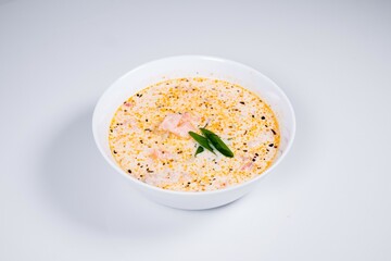 Creamy Salmon Soup on White (High Angle)