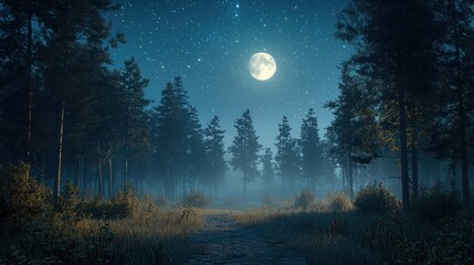Misty forest path at night under a full moon