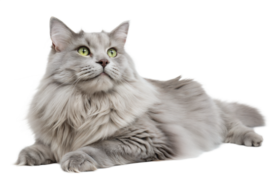 Long-Haired Nibelung Cat with Green Eyes Lying on White Background. Gray cat Portrait isolated on white