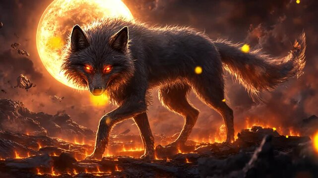 Mysterious wolf walking through a fiery landscape under a glowing moon at night