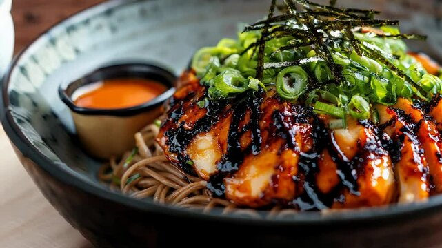Close up of a bowl of soba noodles with grilled fish, green onions, nori, and a drizzle of soy sauce. A small bowl of orange dipping sauce is beside the main dish