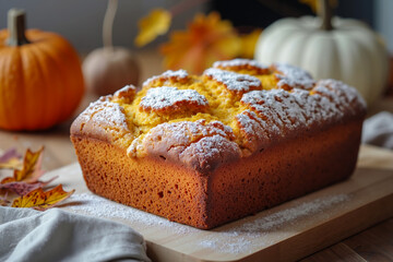 A loaf of pumpkin bread sitting on top of a wooden cutting board
