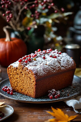 A loaf of pumpkin bread with cranberries on a plate