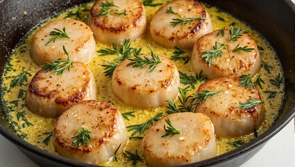 Delicious pan seared scallops in lemon garlic butter sauce with fresh dill sizzling in a cast iron skillet Perfect for gourmet cuisine concepts