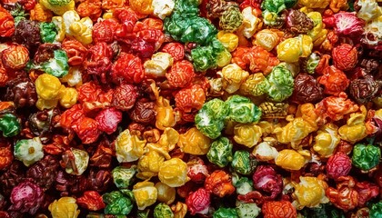 Colorful assortment of popcorn varying in flavors and textures displayed in bulk