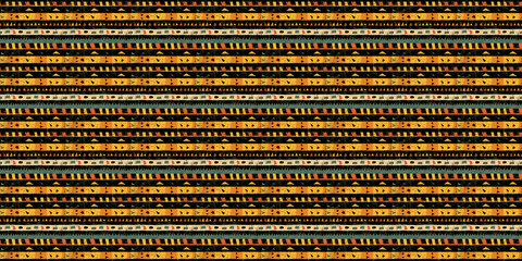 Abstract African art shapes seamless backgrounds, tribal geometric decoration patterns. Colored flat boho symbols illustrations	