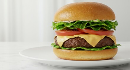 A perfectly layered gourmet burger with crisp greens, photographed in a minimalist food setting.