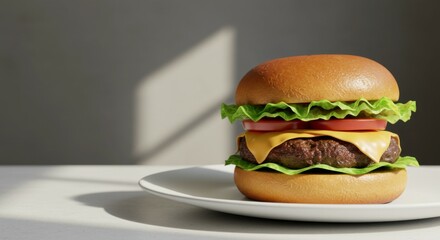 A minimalistic food shot of a gourmet burger with crisp greens, perfectly placed on a white plate.