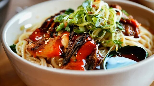Close up of a bowl of soba noodles, topped with grilled meat, green onions, and a drizzle of sauce.  A side of dipping sauce is also visible
