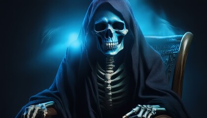 검은 로브를 걸친 해골이 의자에 앉아 있는 모습, 텅 빈 눈구멍에서 푸른빛이 희미하게 새어나온다