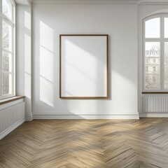 Fototapeta premium A beautifully crafted wooden picture frame rests on a sunlit wall in a spacious room, illuminated by warm sunlight, creating a perfect space for showcasing art or a cozy home office