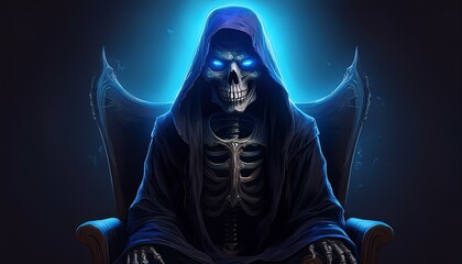 검은 로브를 걸친 해골이 의자에 앉아 있는 모습, 텅 빈 눈구멍에서 푸른빛이 희미하게 새어나온다