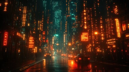 Obraz premium Cyberpunk City Rain: Neon Lights, Wet Streets, Futuristic Vehicles