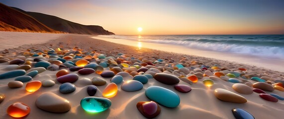 Obraz premium A serene image of colored stones scattered along a sandy beach celebrating natures artfulness in a world of color and texture