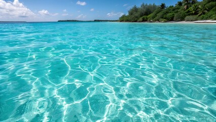 A tropical paradise with calm turquoise waters.