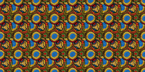 Abstract African art shapes seamless backgrounds, tribal geometric decoration patterns. Colored flat boho symbols illustrations	