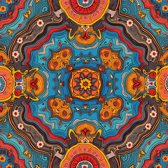 A symmetrical design with a central flower surrounded by blue, orange, and red lines and shapes. Vector patterns, random pattern