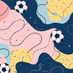 Fototapeta premium Soccer balls in various colors, including pink, blue, yellow, and black, with wavy lines and dots scattered throughout. Vector patterns, random pattern