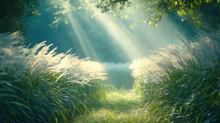 Obraz premium Sunbeams illuminate path through misty morning meadow