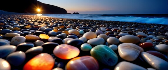 Obraz premium A serene closeup of colorful pebbles arranged by the shore each one a natural gem that tells the story of time and the sea