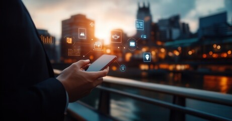 Person using smartphone with business and communication icons overlayed in an urban area at dusk. Modern business and tech integration.