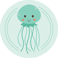 A cute cartoon-style jellyfish with a friendly smile. A minimalist vector illustration in soft colors, perfect for children's products, eco-design, and marine themes.