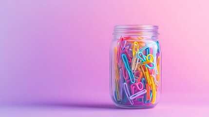 Colorful paperclips in a glass jar on purple background.