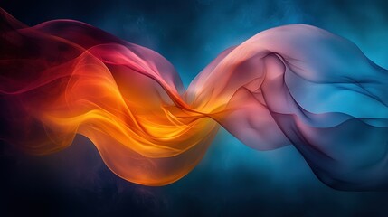 Abstract flowing fabrics, vibrant colors, dark background, smoke effects