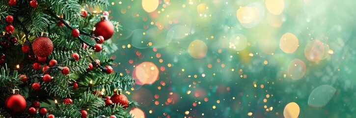 Naklejka premium Christmas Tree With Baubles And Blurred Shiny Lights. christmas tree with gift boxes on beautiful winter scenery, copy space