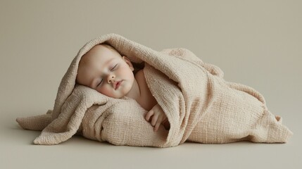 A serene baby sleeps soundly, perfectly swaddled in a soft pink blanket, radiating tranquility against a soothing neutral backdrop. This moment captures adorable innocence and warmth