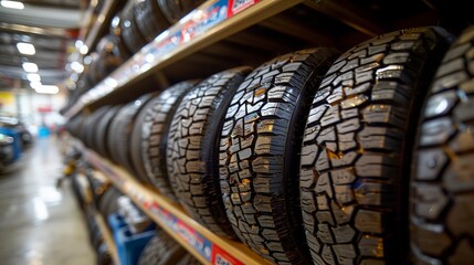 A row of tires are neatly arranged on shelves inside a store
