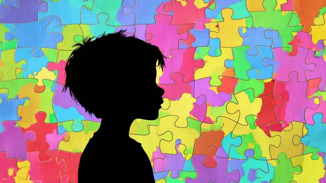 Silhouette of a child against a colorful puzzle piece background, symbolizing autism awareness, individuality, and inclusion. Represents the Autism community and support