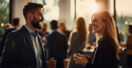 Engaging conversation between professionals at a networking event, sharing smiles and building connections in a warm, social atmosphere.